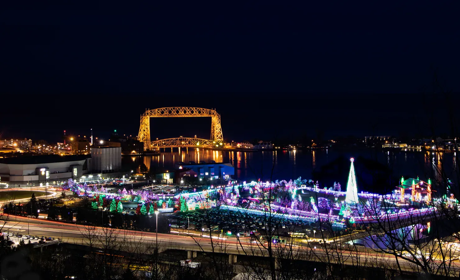 Bentleyville Tour of Lights beneath Duluth’s Aerial Lift Bridge