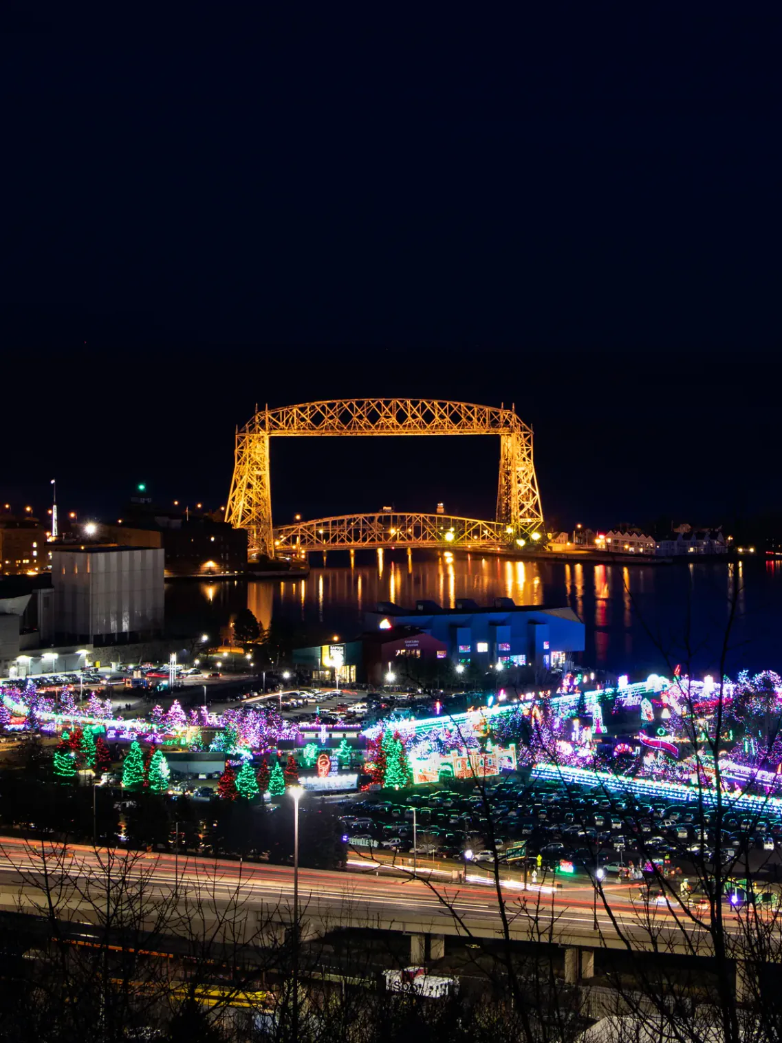 Bentleyville Tour of Lights beneath Duluth’s Aerial Lift Bridge