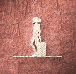 An illustrated traveller carrying a suitcase, set against red rock